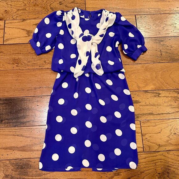 Size: 10, 80's Vintage Blue & White Polka Dot Dress Brand: Perceptions, Rare One - Picture 1 of 6